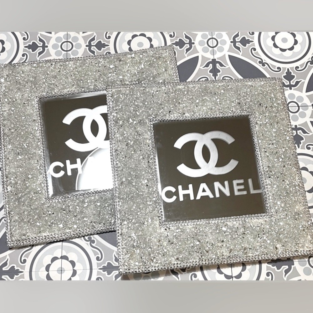 Bling Inspired Silver Crystal Wall Mirror Set Luxe Salon Decor 14"x14"